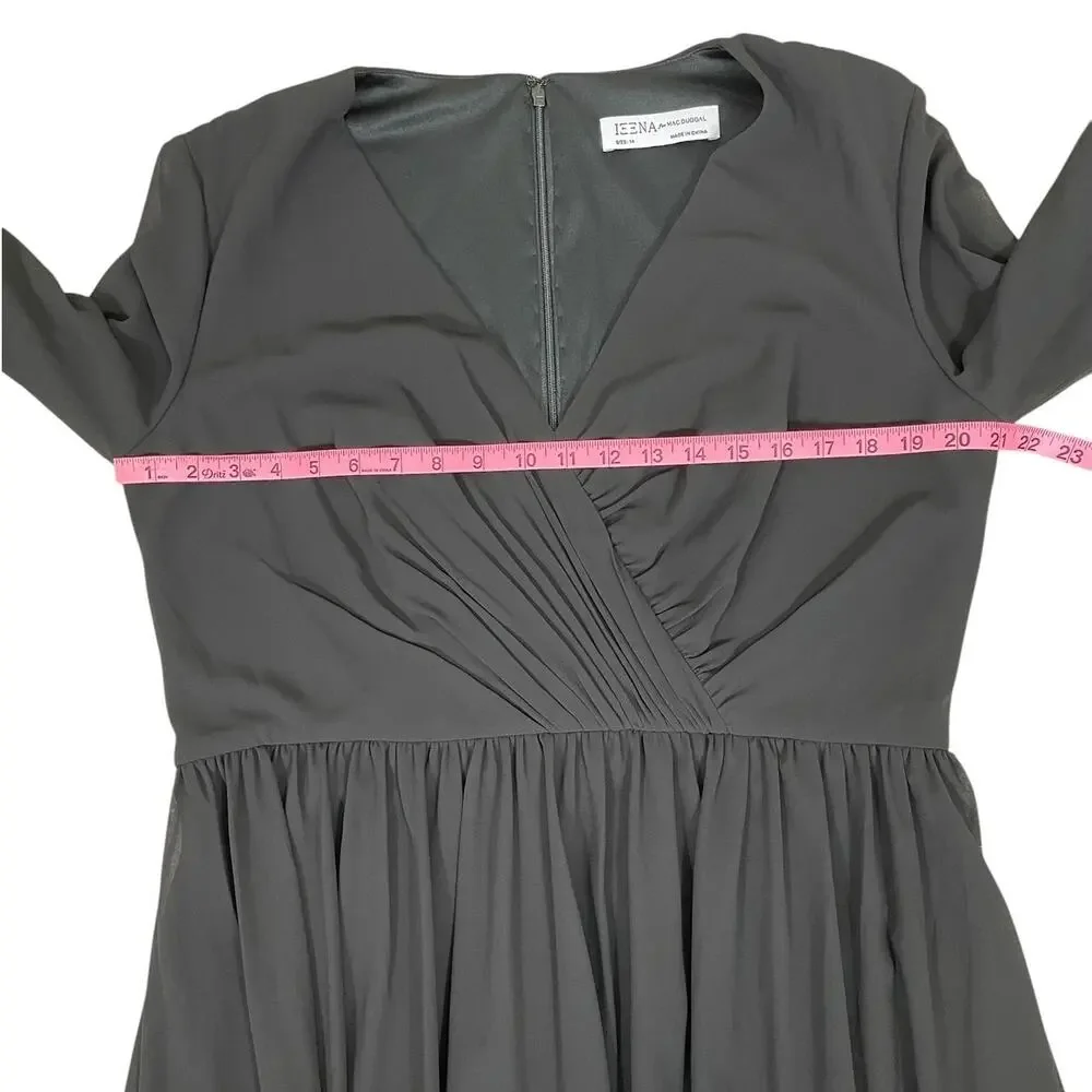 Ieena Mac Duggal Ruched V-Neck Tiered Midi Dress Chiffon Black Sz 14 NWT Chic